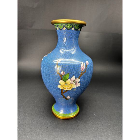 Vintage Chinese 8 1/4" BLUE CLOISONNE VASE Enamel Brass Cherry Blossom w/Bird - Picture 14 of 16